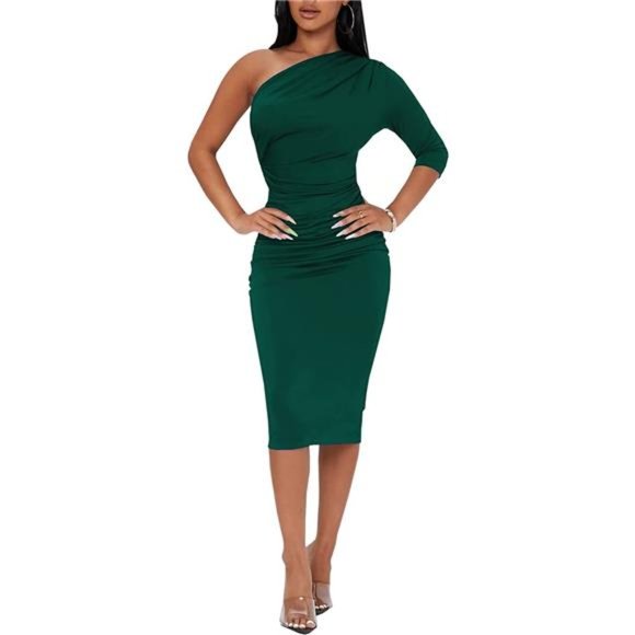 HOT One Shoulder 3/4 Sleeve Cocktail Party Ruched Midi Dress - New Green - Picture 2 of 6